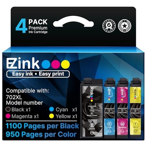 E-Z Ink 702XL Ink Cartridges High Yield Remanufactured for Epson 702 XL 702XL T702XL T702 to use with Epson Workforce Pro WF-3720 WF-3730 WF-3733 (1 Black, 1 Cyan, 1 Magenta, 1 Yellow, 4 Pack)