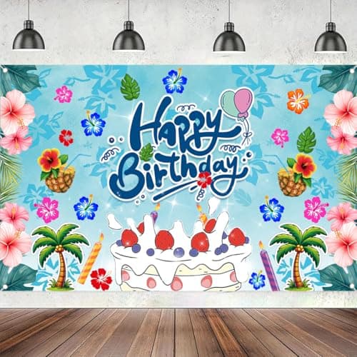 Birthday Party Decorations Birthday Backdrop Banner, Tropical Hawaiian Luau Theme Happy Birthdays Decoration Party Supply with Hibiscus Flowers and Palm Trees for Boys Girls Birthdays