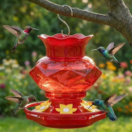 Hummingbird Feeders for Outdoors Hanging Ant and Bee Proof, 18OZ Diamond Humming Bird Feeders for Outside Circular Perch with Leak Proof & 6 Feeding Ports, Gifts for Women, Red 1 Pack Plastic