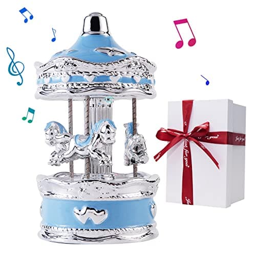 LMMIUU Carousel Music Box Gift Wrapped Ceramic Musical Carousel Color-Changing Lights Music Boxes for Girls Boys Kids Daughter Son Granddaughter Wife Mom Women Birthday Christmas (Blue Heart)