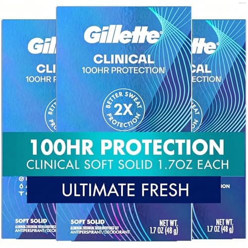 Gillette Clinical Antiperspirant and Deodorant for Men, 100HR Sweat & Odor Protection, Long Lasting Freshness, Anti-White Mark Technology, Soft Solid, Ultimate Fresh Scent, 1.7 oz (Pack of 3)