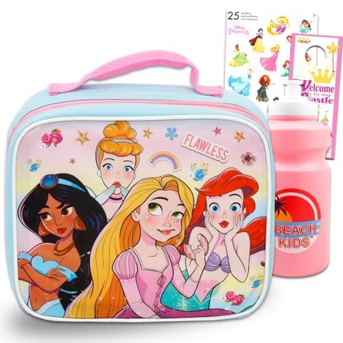 Disney Princess Lunch Bag Set For Girls, Kids - Bundle with Princess School Lunch Box With Pink Water Bottle, Princess Stickers And More Princess School Supplies