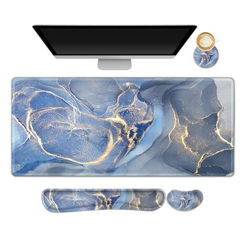 ARTSO Ergonomic Large Mouse Pad and Keyboard Wrist Rest, Blue Marble Desk Pad for Keyboard and Mouse, Big Gaming Mousepad with Wrist Support for Home Office Working Game