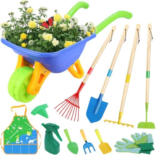 Kids Garden Wheelbarrow Tools Set, Real Metal Wood Outdoor Toddlers Gifts