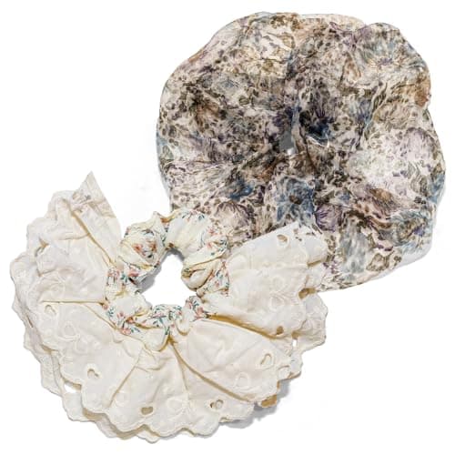 FIFU Premium Luxury Hair Scrunchies Set, 2 Pack Blue-Purple Floral Polyester Sheer & Beige Cotton Eyelet Embroidered Hair Ties, Stretchy Secure Hold for Women Girls, Style #5