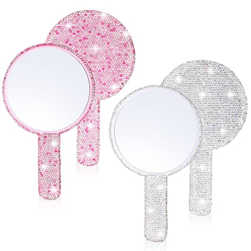 Bucherry 2 Pcs Rhinestone Hand Mirrors, 6.7"x4" Bling Round Mirrors