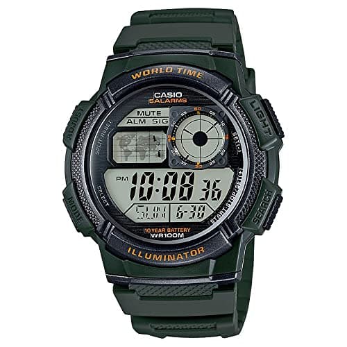 Casio AE1000W Series | Men’s Digital Watch | Green | 100M WR | Multi Alarms | 100 SEC Stopwatch | Countdown Timer | World Map for World Time | LED Light | LC Analog Display | 10 Year Battery