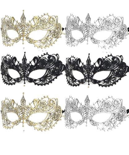 Luxdesc 6 Pcs Adult Masquerade Mask Mysterious Women Man Fun Lace Masks for Couples Lace Headpiece Disguise for Costumes (Silver+Golden+Black)
