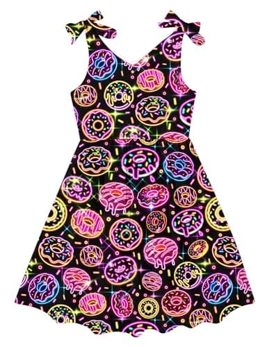 Enlifety Girls Neon Dress Size 9 10 Sleeveless Donut Summer Dresses Tie Strap V Neck Sundress for Glow Party Casual School