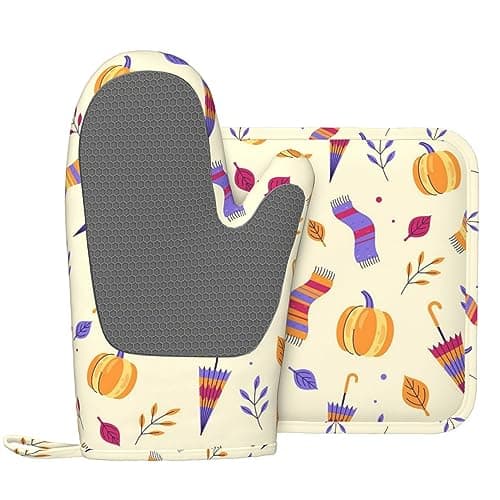 Silicone Oven Mitts and Pot Holders Sets, Home Autumn Pumpkin Heat Resistant BBQ Gloves for Kitchen Baking Cooking Grilling Microwave