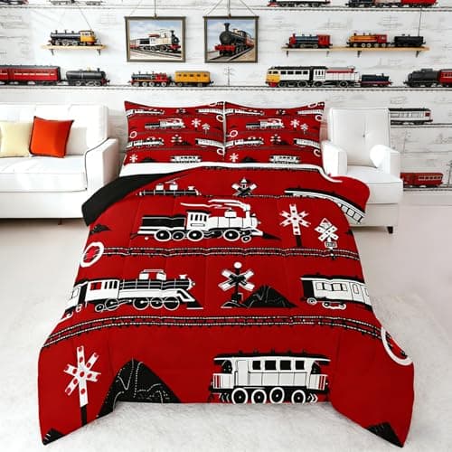 Erosebridal Boys Train Full Comforter Set Cartoon Car Toddler Bedding, Traffic Transportation Track Comforter for Kids Teens Vintage Steam Engine Railway Decor Quilt Set Room 3Pcs, Red White Black