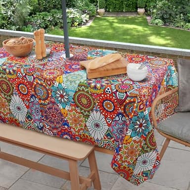Outdoor Tablecloth with Umbrella Hole and Zipper, 60 x 84 Inch Vintage Rectangle Patio Table Covers for Spring/Summer, Machine Washable Picnic Table Cloth (Kaleidoscope, 60" × 84" Rectangular)