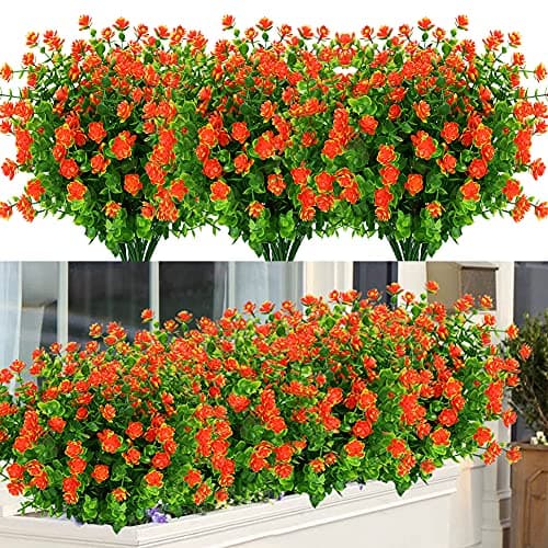 ArtBloom 12 Bundles Outdoor Artificial Flowers UV Resistant Fake Boxwood Plants, Faux Greenery for Indoor Outside Hanging Plants Garden Porch Window Box Home Wedding Farmhouse Décor (Orange Red)