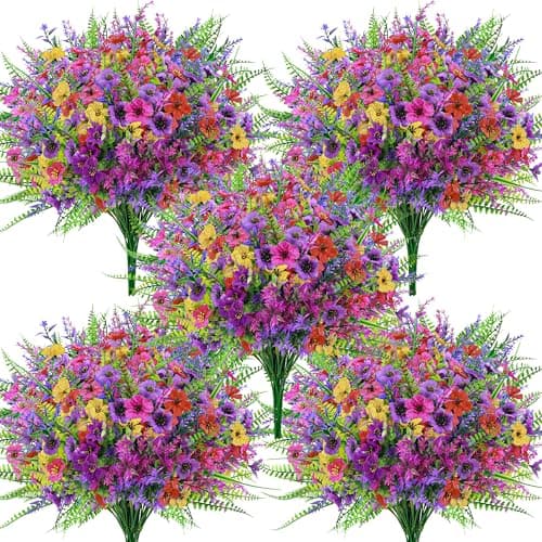 Der Rose 24 Bundles Fake Flowers Spring Artificial Flowers for Outdoors, UV Resistant Silk Flowers for Garden Patio Porch Farmhouse Home Decor (Colourful)