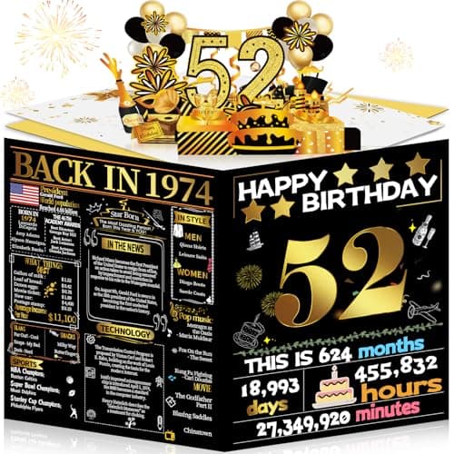 Joycard 52nd Birthday Card for Women Men, 3D Pop Up Happy Birthday Gift for Mother Dad, Funny 52 Year Old Birthday Decorations for Wife Husband, Back in 1974 Laser Gold Retro Theme