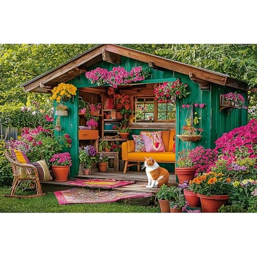 Flower House 500 Piece Puzzle for Adults Colorful Garden Shed Cat Jigsaw Puzzles with Letters on Back Perfect Family Challenge for Game Nights(23"X15")