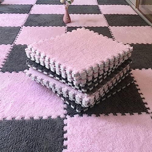 Typutomi 10pcs Plush Puzzle Foam Floor Mat, Soft Fluffy Interlocking Square Foam Tiles Area Rugs Carpet for Parlor Bedroom Decoration(11.8x11.8in, Grey&Pink)