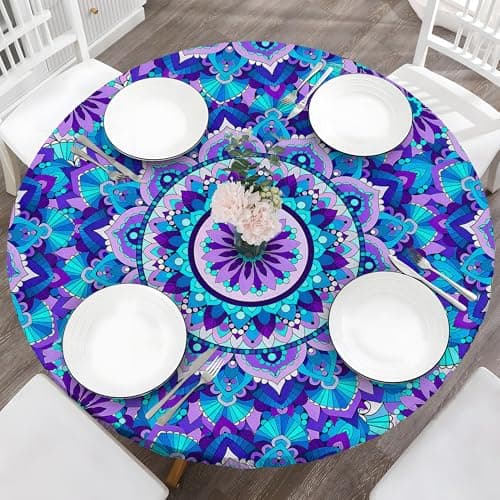 BOOWEATS Boho 42 Inch Round Fitted Cloth Tablecloth with Elastic Edged, Waterproof Oil Proof Wipeable Table Cover for Indoor Outdoor Patio Table, Fits Round Tables Up to 40" - 44" Diameter