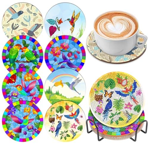8 Pcs Diamond Art Coasters Kits for Adults with Holder Cork Pads, Hummingbird DIY Diamond Art Dots Painting Coasters Kits for Adults Beginners