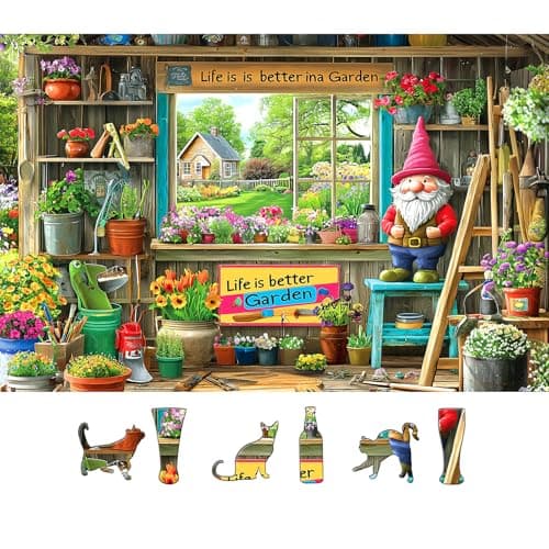 Garden Shed Scene 500 Piece Puzzle for Adults Gardening Tools Whimsical Garden Gnome Vibrant Flowers Decor Jigsaw Puzzle Fun Family Puzzles Gift for Adults Seniors（ 23"x15"）