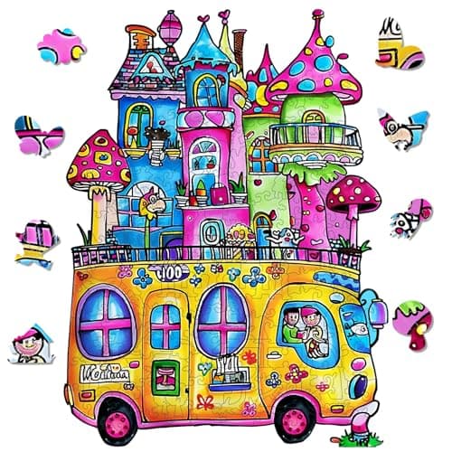 Delobil Wooden Puzzles for Adults, Car Jigsaw Puzzles 500 Piece, Unique Shape School Bus Puzzle for Adults and Kids, Fun Challenging House Puzzles Family Game Gift, 23.2 x 13.2Inches