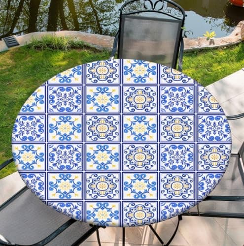 COTAIL Round Tablecloth with Elastic Edge, 36-60Inch Waterproof Table Cloth for Dinner, Outdoor, Picnic, 48inch, Mandala and Checker