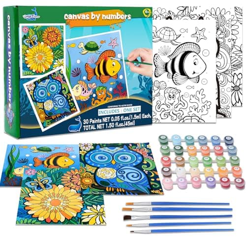 3 Pack Paint by Numbers for Kids Ages 8-12, Pre-Printed Acrylic Oil Painting, Includes (8x10, 8x9, 8x8 inch) Framed Canvas with 30 Acrylic Paint Pots, 5 Brushes for Kids, Art Supplies for Kids 9-12