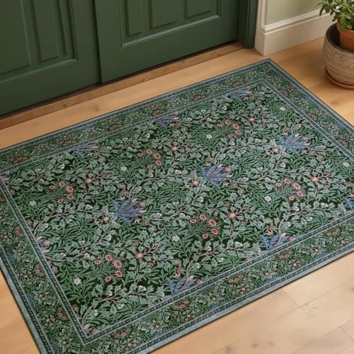 Dadasgk 2x3 Washable Rugs for Entryway rug, Vintage Floral Non-Slip Bathroom Rugs, Ultra Thin Kitchen Rugs Indoor Door Mat, Boho Forest Floral Design Small Throw Carpet for Bedroom Bedside, Dark Green