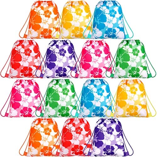Teling 14 Pcs Hibiscus Party Favor Bags Hawaiian Drawstring Bag,Fresh Style