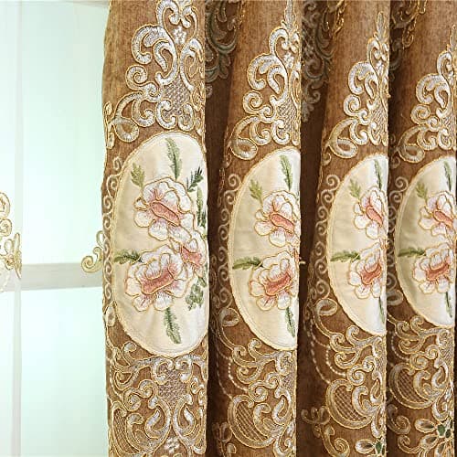 SLOW SOUL Set of 2 Panels Embroidered Flowers 80% Blackout Curtains for Living Room Bedroom Dining Room Curtains High-end Chenille Curtain Grommet Top Brown Cloth 49W X 90L inch