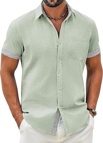 COOFANDY Men's Short Sleeve Button Up Shirts Linen Shirt for Men Hawaiian Shirts with Pocket,Light Green