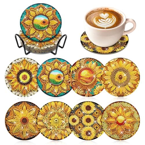 FILASLFT Diamond Art Coasters Kit, Sunflower Mandala, 8 Pcs, 3.9 Inches, with Metal Bracket Stand, Cork Pads, and Colored Diamonds