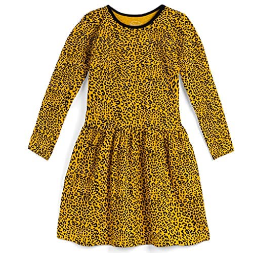 Mightly Girls' Long Sleeve Tiered Dress with Pockets | 95% Organic Cotton, Colorful Stylish Dress, Ideal for School, Birthday Parties & Play, for Toddlers & Kids, Fair Trade Certified, Gold Leopard,2T