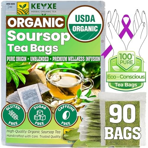 KEYXE - USDA Organic Soursop Graviola Leaves Tea 90 Bags. Non-GMO Verified , 100% Organic Soursop Leaves for Digestion, Boosting Immune, Improving Sleep & Skin Health, Gluten Free, Caffein Free , Hojas De Guanabana Tea Organica, Eco-Conscious Tea Bags