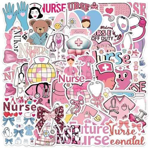 50 Pcs Nurse Stickers,Nurse Gifts,Vinyl Nursing Stickers Decals，Suitable for Laptops and Water Bottles,Keyboards,Backpacks,Cap,Scrapbooks,Nurses Accessories for Work（Cute Pink）