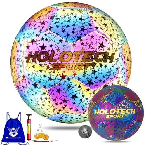 MILACHIC WTOPSBO Soccer Ball Size 4, Holographic Glow Soccer Ball, Bright PU Leather Soccer Balls for Night Games, Training, Ideal Gifts for Women and Men with Pump