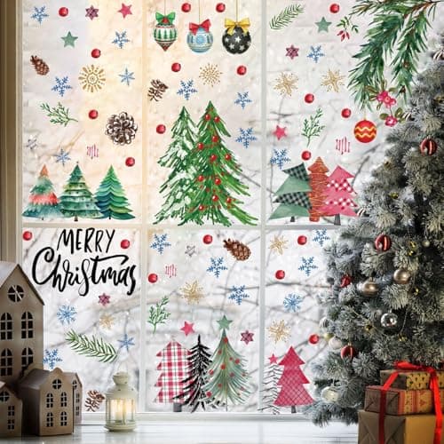 Christmas Window Clings Decorations Xmas Tree Snowflake Bell Pine Cone Design 9 Sheets Double-Sided Static Stickers