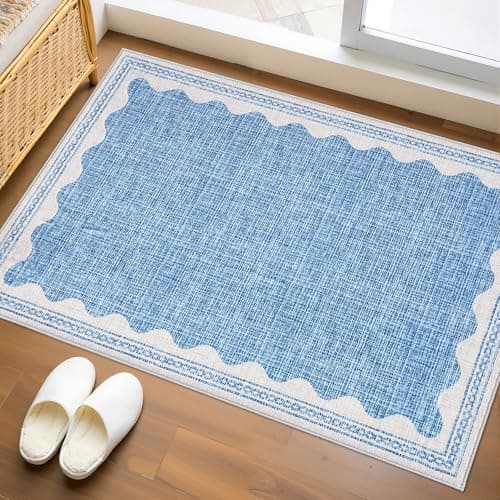 GarveeHome Door Mat Indoor Rugs for Entryway Small Throw Rug 2x3 Washable Non-Slip Solid Blue Modern Minimalism Soft Low-Pile Scalloped Carpet for Bedroom Kitchen Bath Entrance with Rubber Back