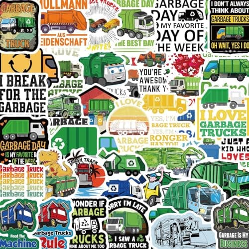 Garbage Truck Stickers 50Pcs Waterproof Cartoon Cute Trash Truck Stickers for Water Bottle Scrapbook Bumper Laptop Luggage Skateboard Cars Bike Guitar,Vinyl Funny Garbage Truck Sticker for Teens Boys