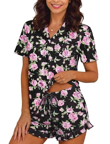 Marvmys Summer Short Pajamas Set for Women 2 Piece Outfits Lounge Set Soft Short Sleeve Ruffle Pjs Sets Nightwear Black Flower XXL