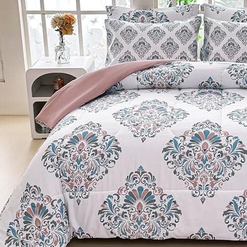 lasoftan Floral King Comforter Set with Sheets, 7 piece Luxury Vintage Bedding, Soft Microfiber Bed in a Bag, Cozy Lightweight Bed Set, Damask Boho Flower