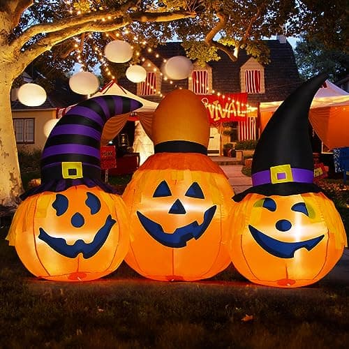 GOOSH 6 FT Halloween Inflatables Outdoor Pumpkin Combo with Wizard hat Blow Up Yard Decoration with LED Lights Built-in for Holiday Party Yard Garden