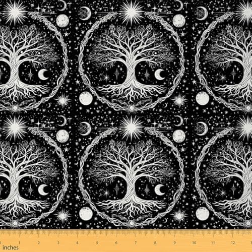 Sun and Moon Fabric by The Yard, Tree of Life Decorative Fabric Gothic Moth Upholstery Fabric Sugar Skull Trippy Glitter Stars Fabric, Bohemian Constellations Fabric 1 Yard, Black White