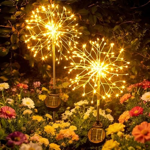INMKALI Solar Garden Lights Outdoor Yard Decorations, 2 Pack 150Leds Pathway Lights Stake, Fairy Firework Light for Garden, Patio, Pathway, Flowerbed Gold Color