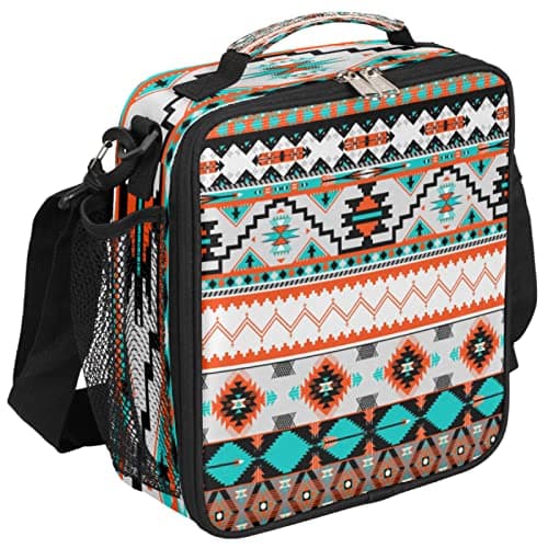 Aztec Geometric Kids Lunch Box Ethnic Insulated Lunch Bag Tote for Girls Boys, Cooler Freezable Meal Prep Bag Bento Bag with Shoulder Strap Waterproof Lunch Container for School Office Picnic