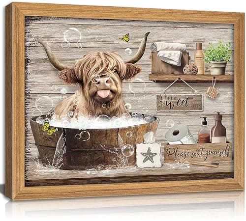 Framed Funny Highland Cow Bathroom Canvas Wall Art Rustic Farmhouse Cow Painting Picture Wall Decor Brown Cute Animal In The Bathtub Poster Print Artwork for Bathroom Restroom Home Decoration