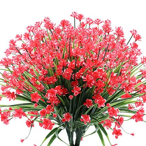 URSTOUD 10PCS Artificial Flowers,Fake Greenery Faux Plastic Bushes Fake Shrubs UV Resistant No Fade Faux Plastic Flowers for Wedding Hanging Bouquet Indoor Outdoor Home Garden Office Table Vase(Red)
