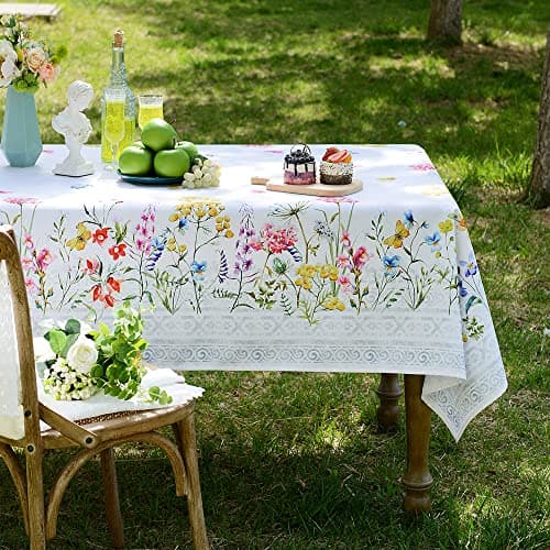 ARTABLE Rectangle Summer Tablecloth Printed Flower Vintage Summer Floral Table Cloths for Easter Picnic Outdoor Home Holiday Kitchen (Yellow and Pink Flowers, 60 x 84 Inch)