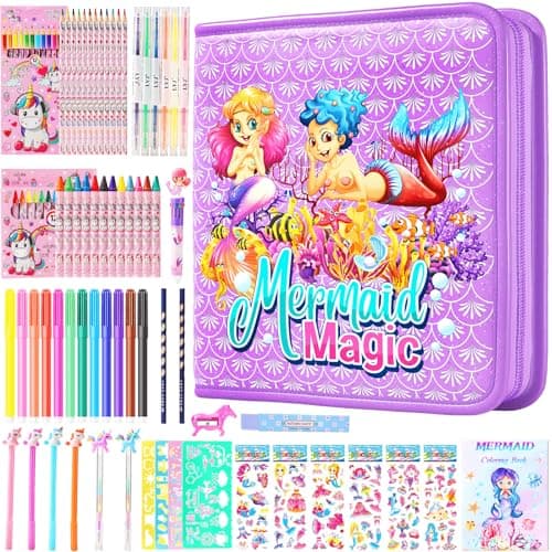 DOKKIA Fruit Scented Coloring Pens Markers Set 65 PCS Art Craft Drawing Case - Washable Kits Pencil,Gel Pen,Crayon&Coloring Book Supplies Mermaid Tail Purple