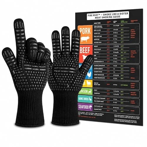 Heat-Resistant BBQ & Oven Gloves with Meat Smoking Guide – Non-Slip Silicone Grip, One Size Fits Most, Ideal for Grilling, Smoking, Baking & Cooking – Black